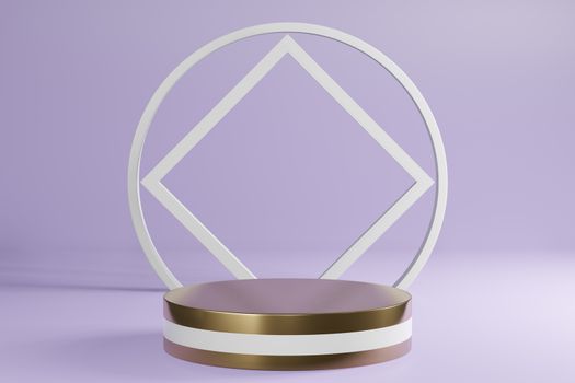 White and golden cylinder product stand
on purple background, pedestal podium display, 3D Rendering.