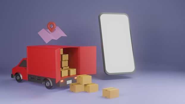 Package online shopping and delivery. Heap of boxes and red pickup truck on purple background. 3d render