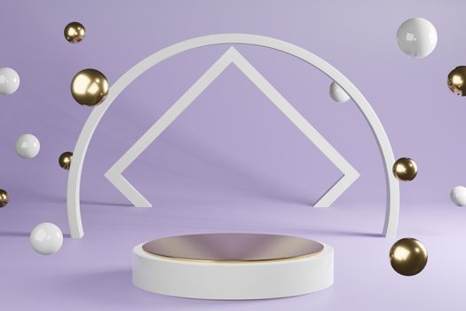 White and golden cylinder product stand with decoration on purple background, pedestal podium display, 3D Rendering.