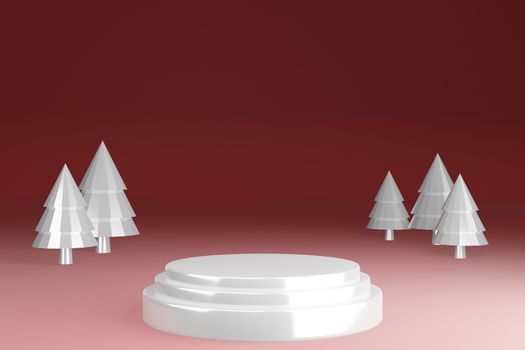 Glass texture blank pedestal product stand with white christmas tree on red background, showcase, 3d render.