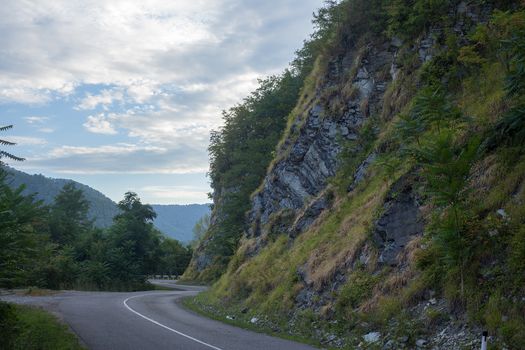 Road in the forested mountains of Caucasus in the summer