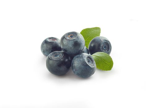 Handful of blueberries with fresh green leaves