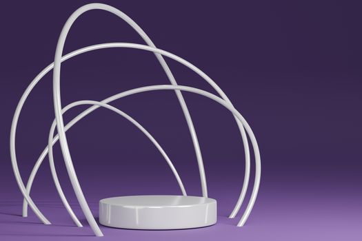 Product Stand, Pedestal, Cylinder Shape, Circle Frame, Purple background and White ring, 3D Rendering.