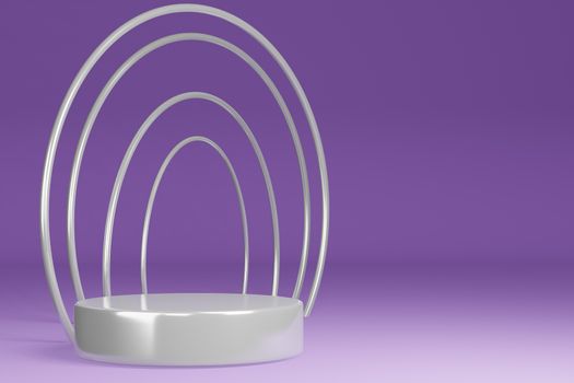 Product Stand, Pedestal, Cylinder Shape, Circle Frame, Purple background and White ring, 3D Rendering.