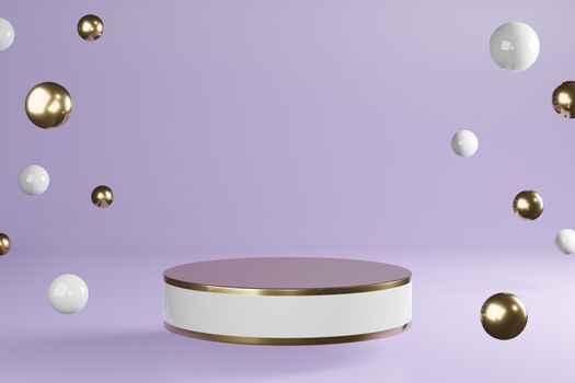 White and golden cylinder product stand with decoration on purple background, pedestal podium display, 3D Rendering.
