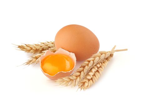 Yolk of egg in broken eggshell, whole egg and wheat’s spikelets on the white