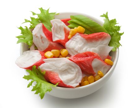 Crab meat with fresh green lettuce and corn in the bowl