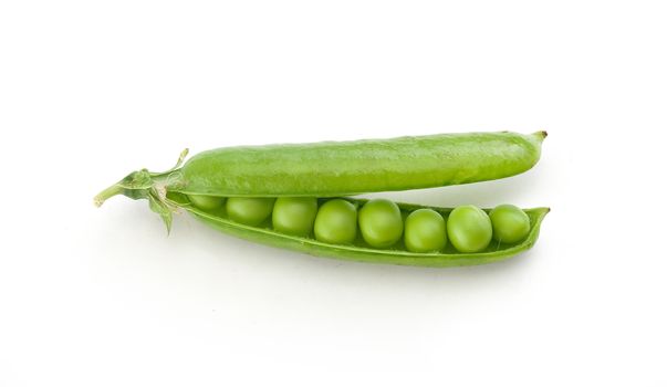 Top view of fresh green pea pod with peas on the white background