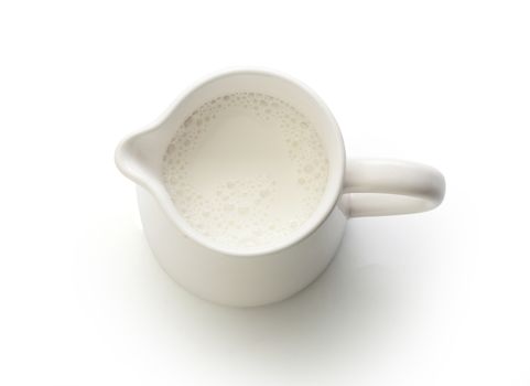 Top view of milk jug with milk on the white