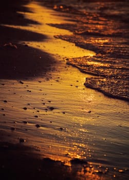 Sea washing wet sand on the beach during golden sunset light