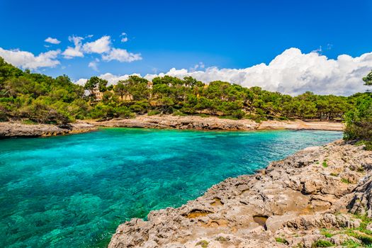 Beautiful view of the bay beach Calo de sa Barca Trencada at the coast of Santanyi on Mallorca, Spain Balearic Islands