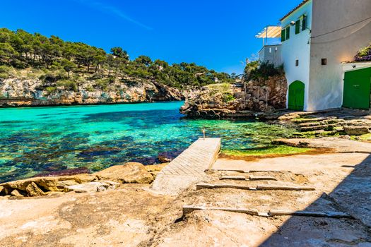 Beautiful view of Cala Santanyi beach bay at the coast on Majorca, Spain Balearic Islands
