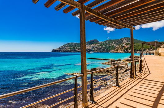 Idyllic seascape view of the beautiful bay in Camp de Mar, Mallorca islands, Spain Mediterranean Sea