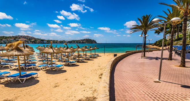 Summer beach holiday, beautiful seaside on Majorca, Santa Ponsa Ponca, Spain Mediterranean Sea