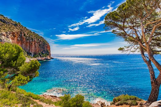 Beautiful sea view of the coast with cliffs on Mallorca, Mediterranean Sea, Balearic Islands