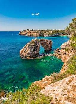 Majorca, natural landmark Es Pontas, natural rock arch, Spain Mediterranean Sea