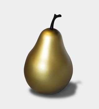 UK, October 2017 - Plastic Gold painted pear on 18 percent gray background with shadow	