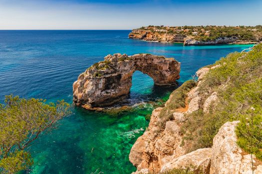 Beautiful view of the natural landmark Es Pontas, rock arch on Mallorca island, Spain