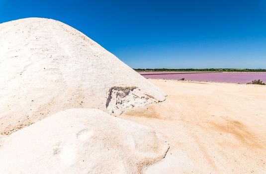 Saltworks, salt production, view of salt heap at salines with salt basin