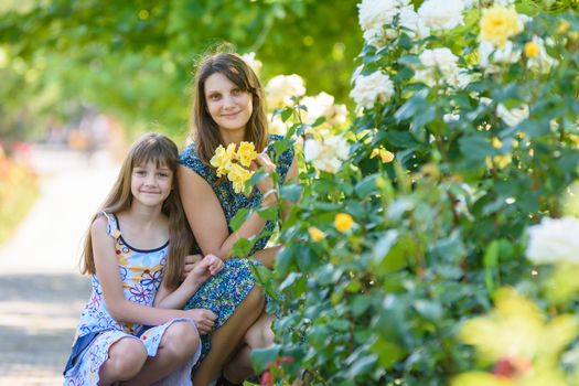 mom and daughter sit in the park near the bush with roses