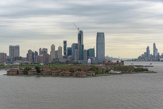 USA, New York - May 2019: Elevated view, Ellis Island and New Jersey