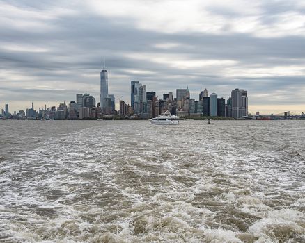 USA, New York - May 2019:  Leaving Manhattan, NYC by ferry