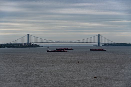 USA, New York, Ellis Island - May 2019: View of the Verrazzano-Narrows Bridge