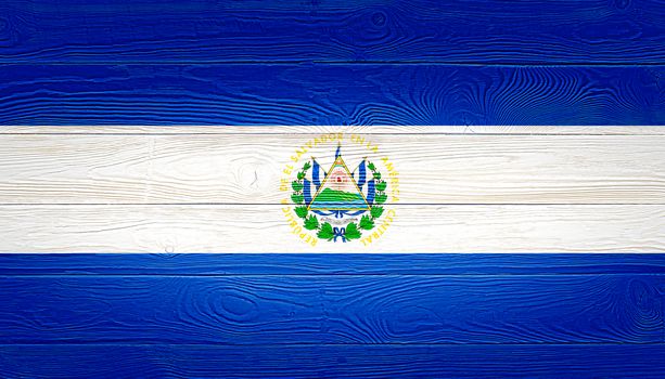 El Salvador flag painted on old wood plank background. Brushed wooden board texture. Wooden texture background flag of El Salvador