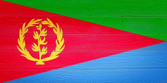 Eritrea flag painted on old wood plank background. Brushed wooden board texture. Wooden texture background flag of Eritrea