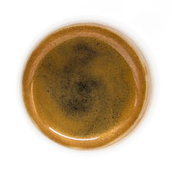 Fresh espresso on white background, view from above.