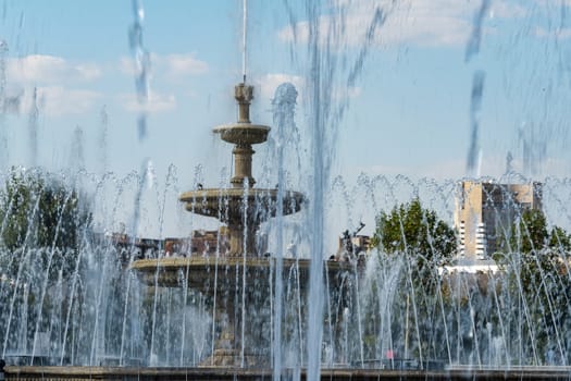 Bucharest, Romania-  Aug, 2019: Water jets and fountains
