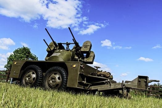UK, Quorn - June 2015:Victory Day Celebration Event - Thundering Molly Quad.50 trailer MJ100 m2 turret anti-aircraft gun, aa machine gun	