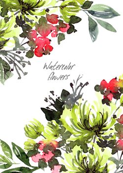 Watercolor floral arrangment - flowers, buds and leaves. Decorative botanical illustrations.