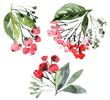 Watercolor floral arrangments with flowers, leaves and twigs. Artistic illustration.