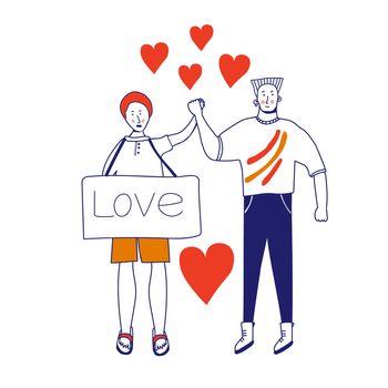 Love card of a gay couple. Picket LGBTK. Different sexual orientation The concept of sexual discrimination of protest. Crowds of people are fighting for rights, freedom. illustration, blue line, in cartoon style