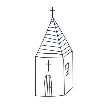 Hand drawn doodle Christian building church icon with Catholic cross illustration sketchy traditional symbol Cute cartoon religious concept element.