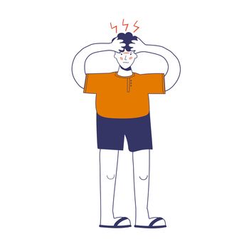 A person having a headache, migraine. Overheat. Magnetic storms. Weather dependence. . illustration, blue line in cartoon style