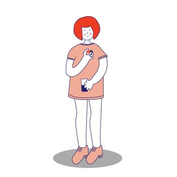 A young girl is drinking medicine. She holds a pill and a glass of water in her hands. Disease treatment. The child is being treated. illustration, blue line, in cartoon style