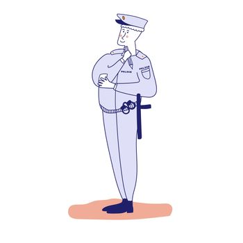 Cute police officer cartoon blue lines. illustration, blue line, in cartoon style
