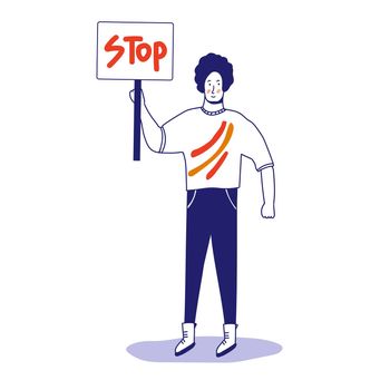 A man with a banner, a protesting activist, a workers' strike. Worker holds a blank banner, takes part in the parade. A manifest with a demonstration sign with empty space for text. Single picket. illustration with blue outline in cartoon hand-drawn style