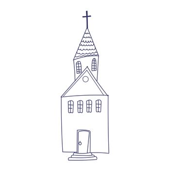 Hand drawn doodle Christian building church icon with Catholic cross illustration sketchy traditional symbol Cute cartoon religious concept element.