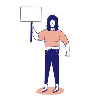 Strong muscular woman with a banner, protesting activist, workers strike. Worker holds a blank banner, takes part in the parade. Manifesto with a demo sign with blank space for text. Single picket for women's rights. illustration, line, in cartoon style