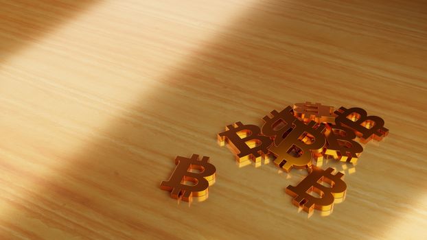 Pile of golden bitcoin signs on a table. Cryptocurrency investment concept. Digital 3D render.