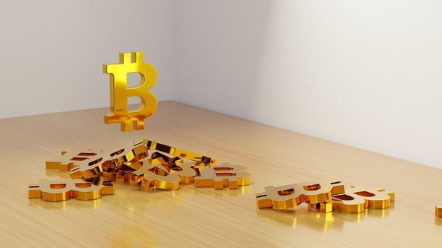 Pile of golden bitcoin signs on a table. Cryptocurrency investment concept. Digital 3D render.