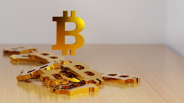 Pile of golden bitcoin signs on a table. Cryptocurrency investment concept. Digital 3D render.
