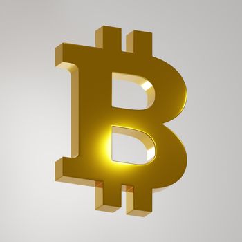 Golden bitcoin sign on white background. Digital 3D render.