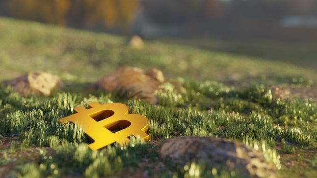 Golden bitcoin sign half buried, as if it were a treasure. Cryptocurrency investment. Digital 3D render.