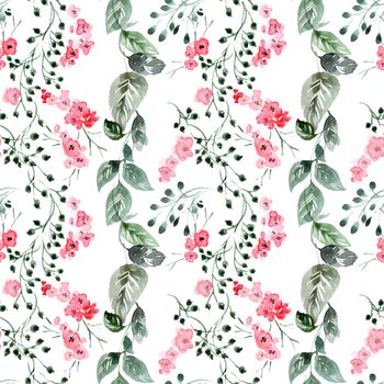 Watercolor floral illustration with flowers, leaves and twigs. Seamless pattern.