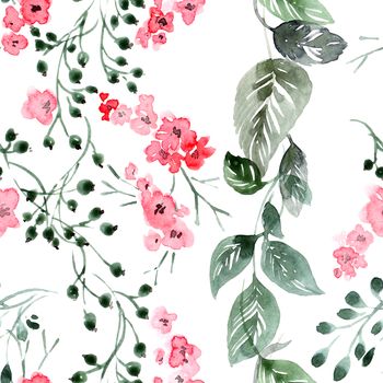 Watercolor floral illustration with flowers, leaves and twigs. Seamless pattern.