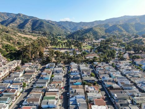 Aerial view of Avalon downtown in Santa Catalina Island, famous tourist attraction in Southern California, USA